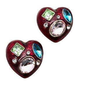 Womens Earrings Blue Pink Green Rhinestone Red Enamel Heart Earrings Pierced